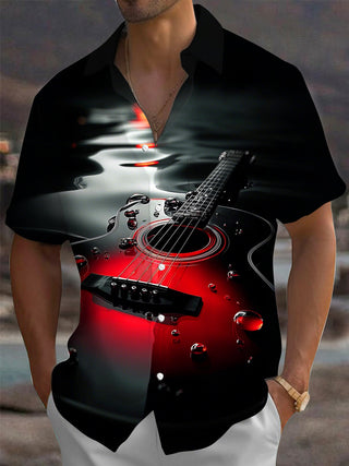Adaychic Men's Graphic Guitar Print Short Sleeve Shirt with Chest Pocket