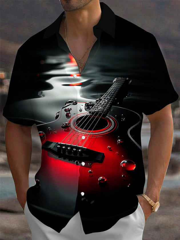 Guitar Print Men's Pocket Short Sleeve Shirts