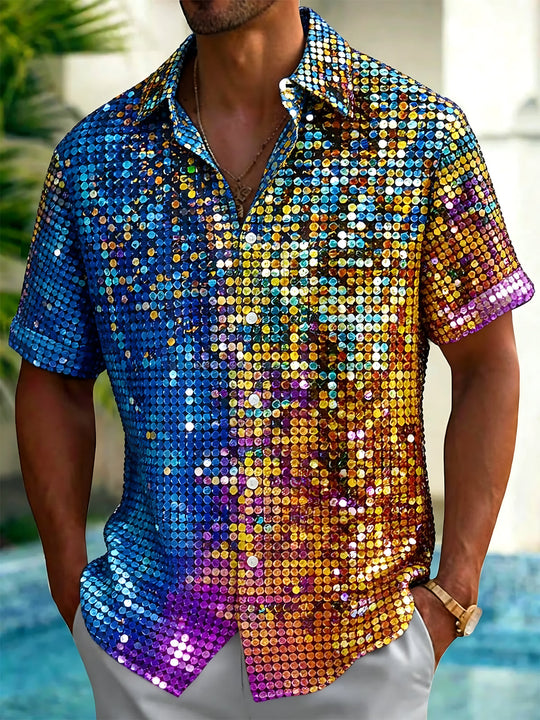 Colorful Geometric Sequin Print Men's Pocket Short Sleeve Shirts