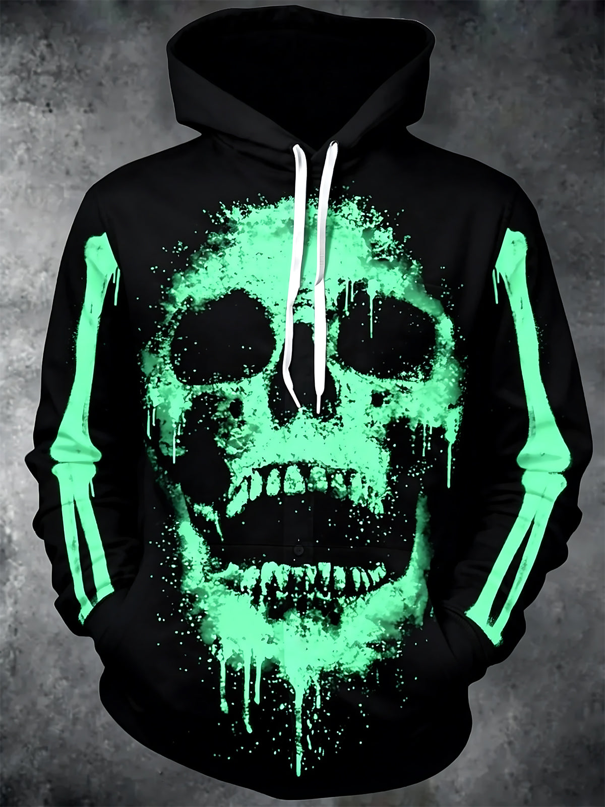 Adaychic Men's Graphic Green Skull Print Long Sleeve Hoodie with Chest Pocket