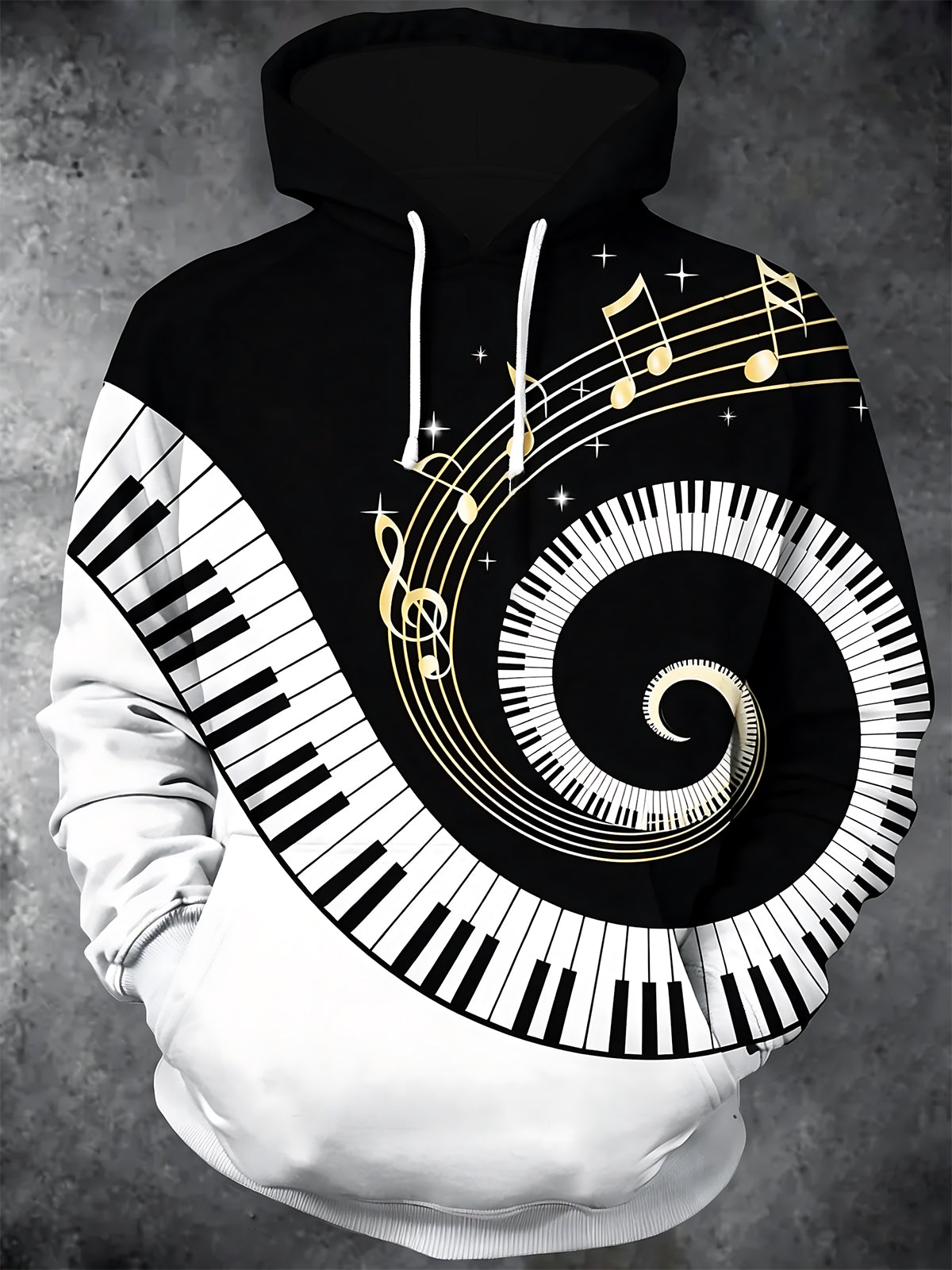 Adaychic Men's Graphic Piano Keys Spiral Print Long Sleeve Hoodie with Chest Pocket