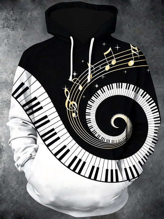 Adaychic Men's Graphic Piano Keys Spiral Print Long Sleeve Hoodie with Chest Pocket