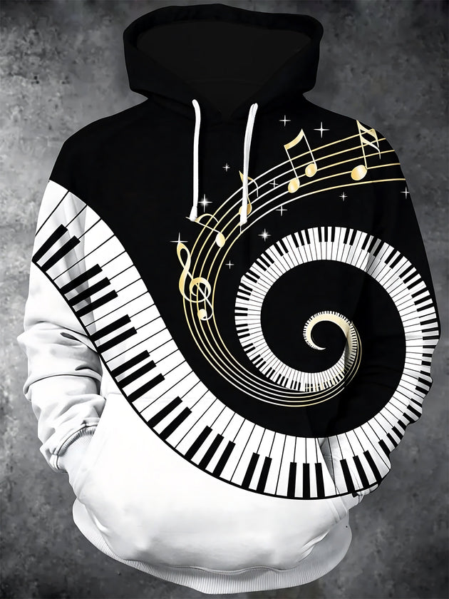 Adaychic Men's Graphic Piano Keys Spiral Print Long Sleeve Hoodie with Chest Pocket