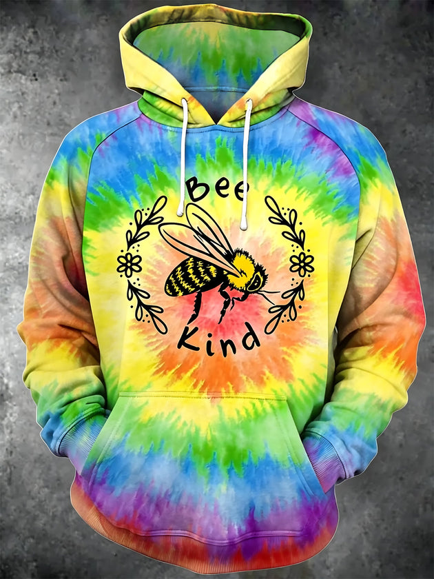Tie Dye Bee Print Men's Long Sleeve Pocket Hooded Sweatshirt