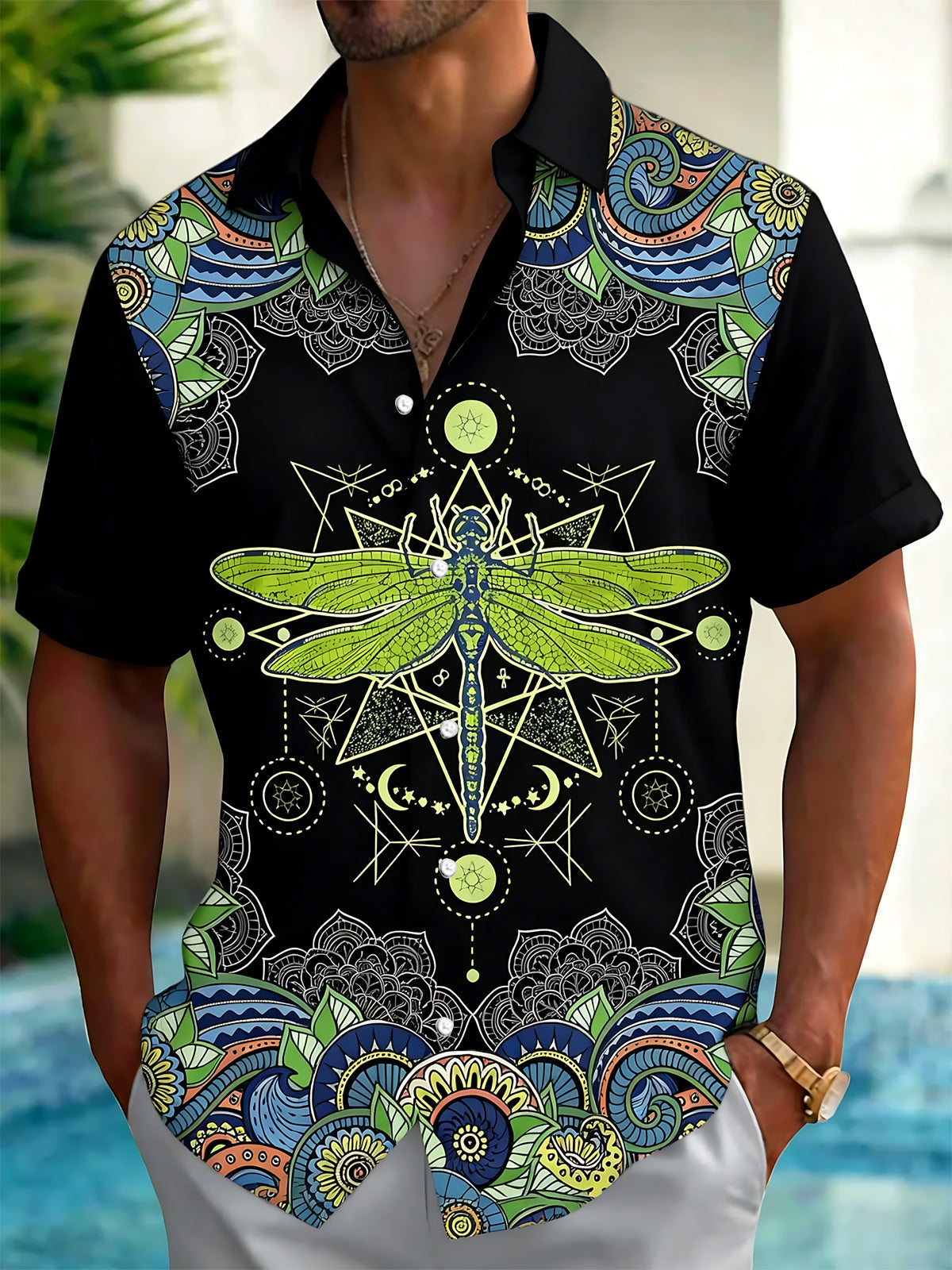 Adaychic Men's Vintage Style Dragonfly Print Short Sleeve Shirt with Chest Pocket