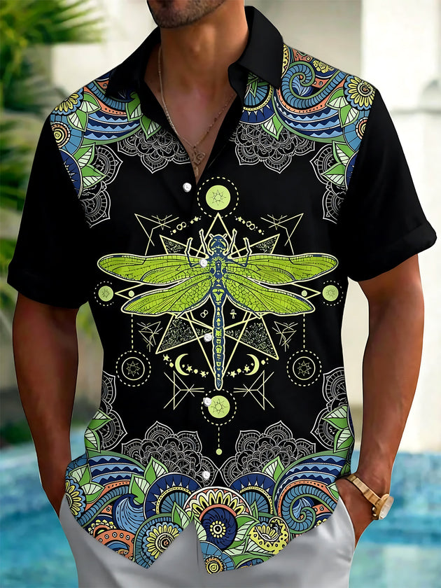 Adaychic Men's Vintage Style Dragonfly Print Short Sleeve Shirt with Chest Pocket