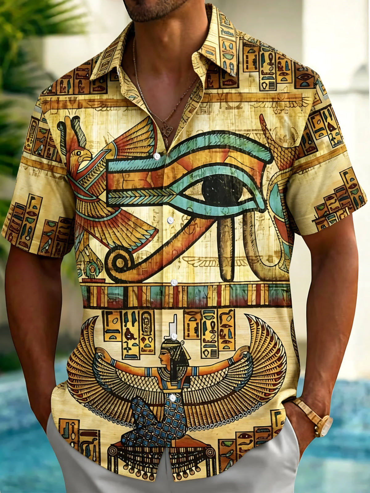 Adaychic Men's Ancient Egyptian Hieroglyphs Print Short Sleeve Shirt with Chest Pocket