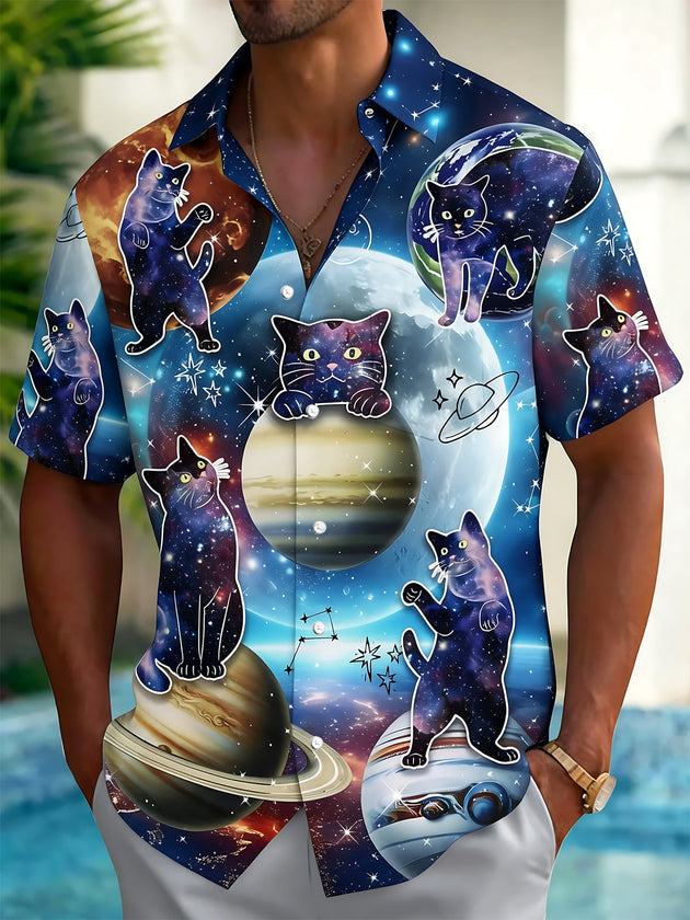 Adaychic Men's Hawaiian Space Cats Print Short Sleeve Shirt with Chest Pocket