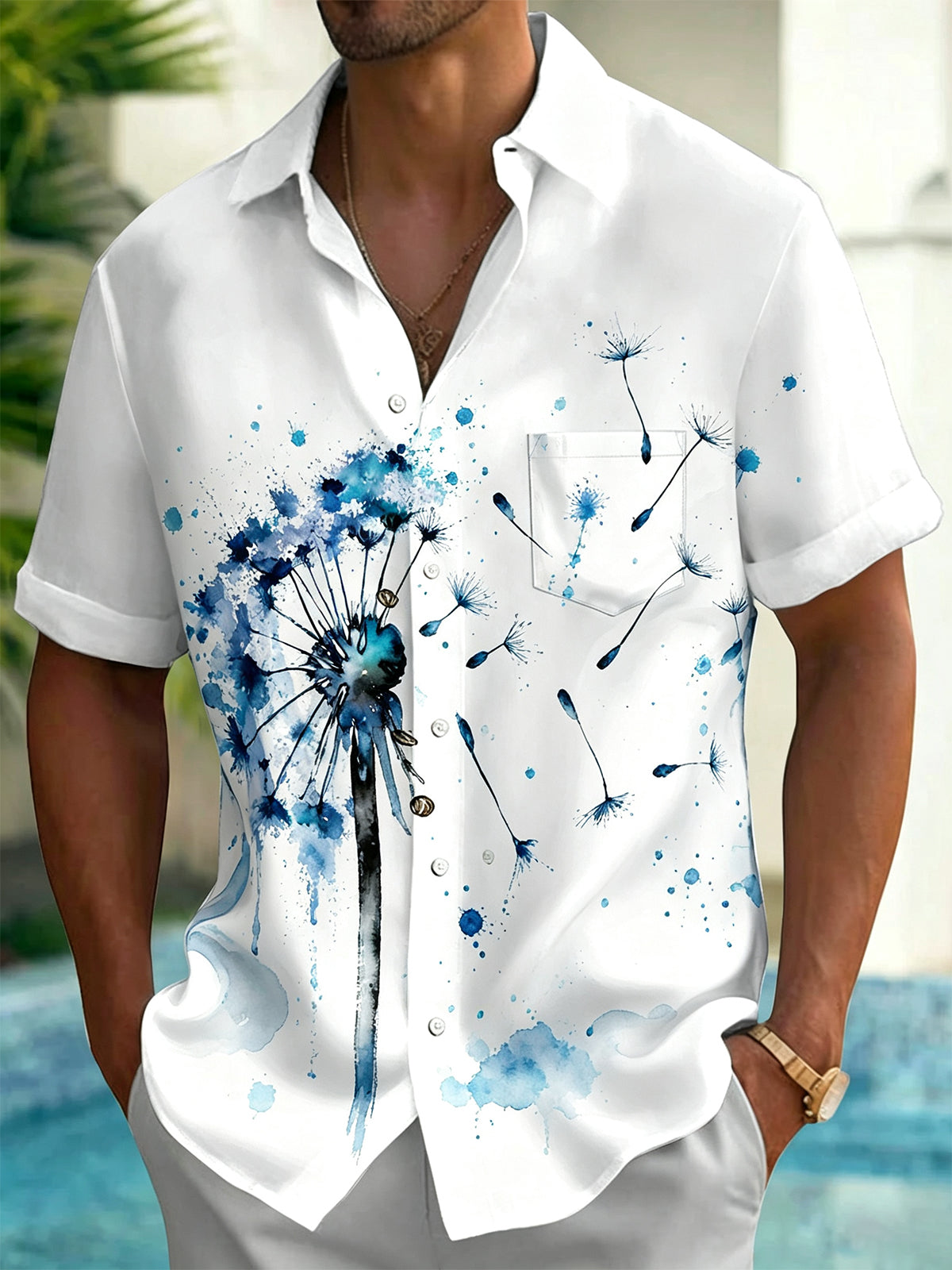 Adaychic Men's Blue Dandelion Watercolor Print Short Sleeve Shirt with Chest Pocket