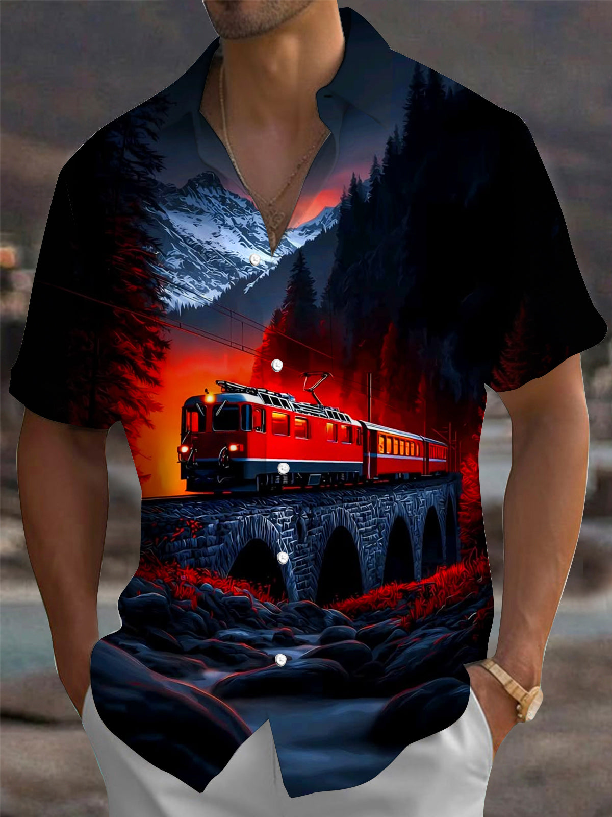 Adaychic Men's Train On Stone Bridge Print Short Sleeve Shirt with Chest Pocket