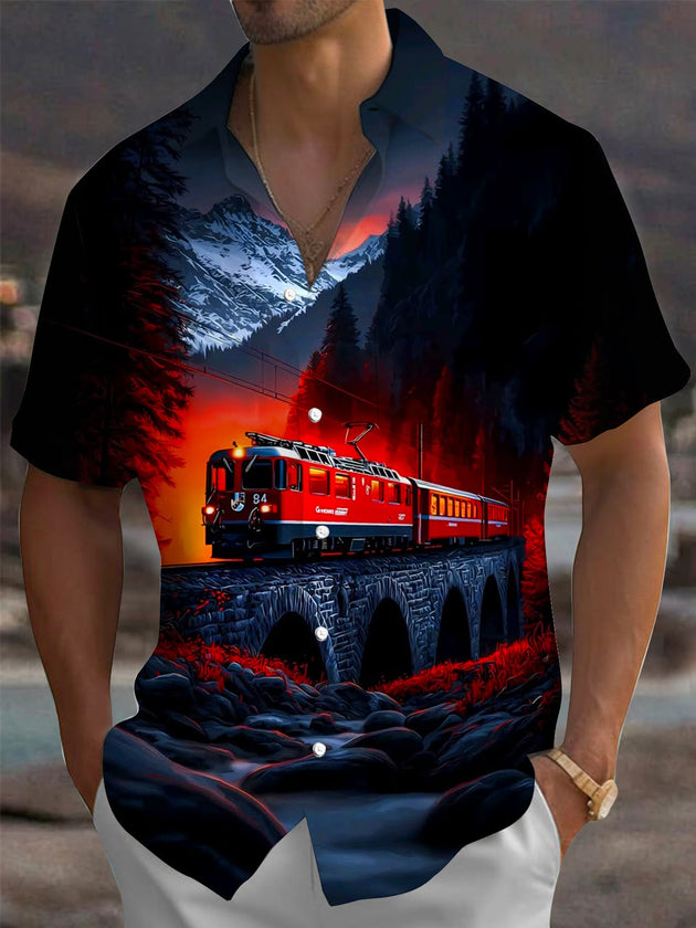 Vintage Train Forest Mountain Bridge Print Men's Pocket Short Sleeve Shirts