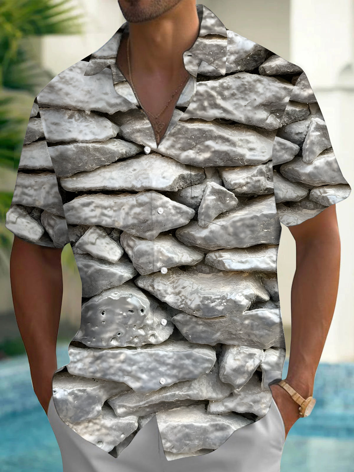 Adaychic Men's Printed Stone Wall Texture Print Short Sleeve Shirt with Chest Pocket