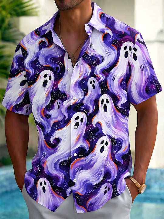 Adaychic Men's Graphic Ghost Print Short Sleeve Shirt with Chest Pocket