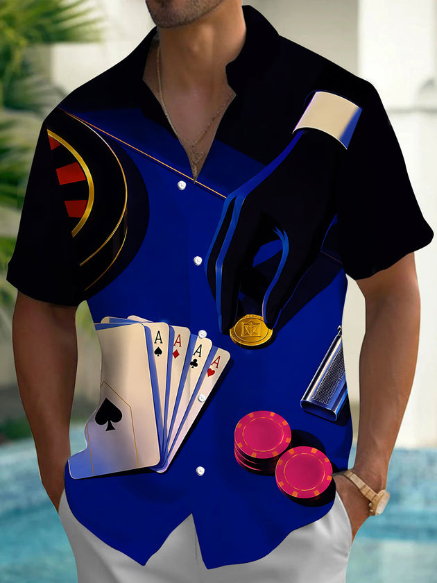 Adaychic Men's Graphic Casino Poker Cards Print Short Sleeve Shirt with Chest Pocket