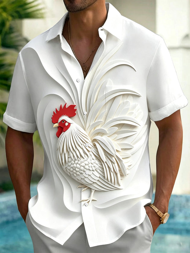 Adaychic Men's 3D 3D Rooster Relief Print Short Sleeve Shirt with Chest Pocket