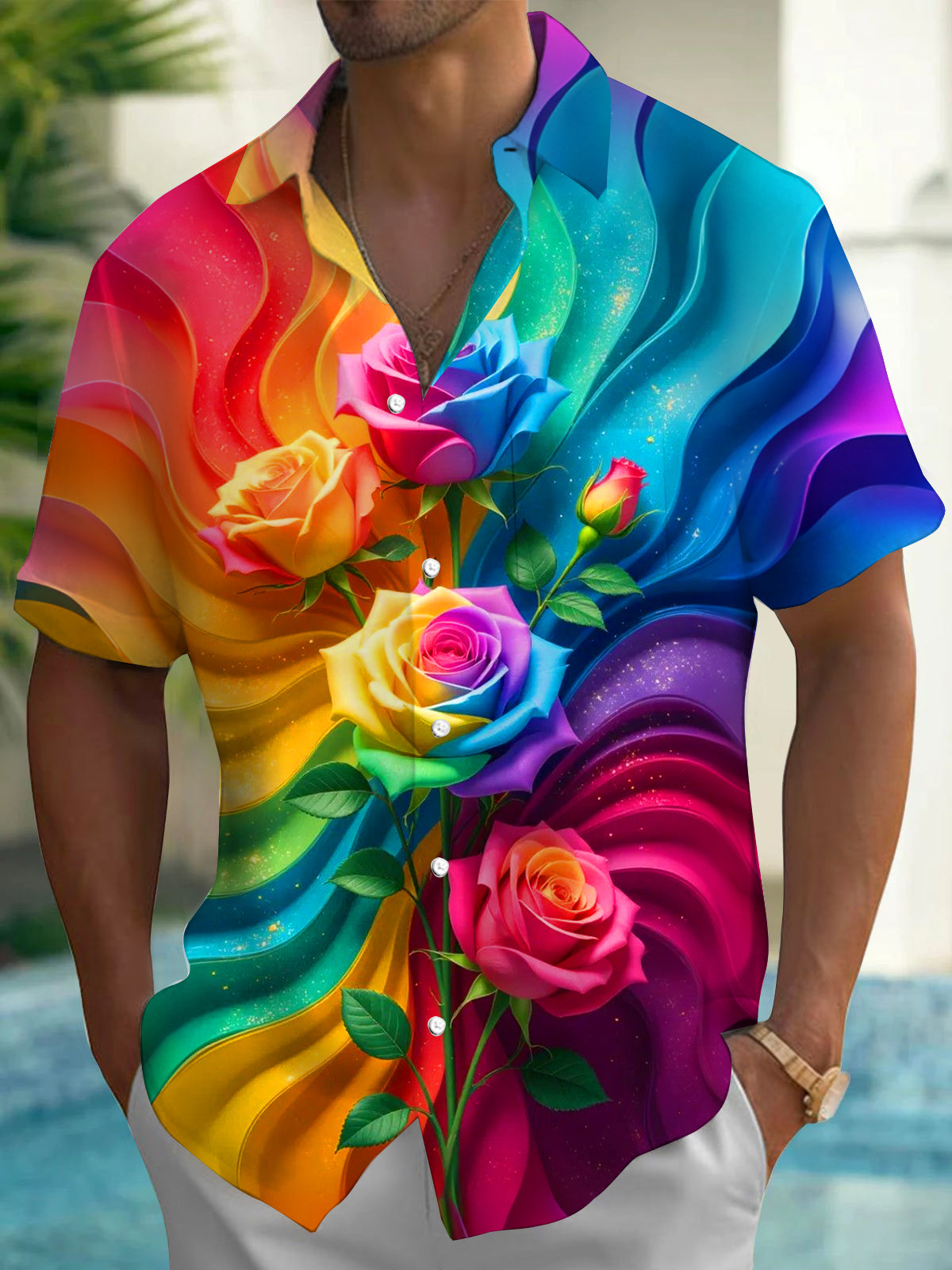 Adaychic Men's Hawaiian Rainbow Rose Print Short Sleeve Shirt with Chest Pocket
