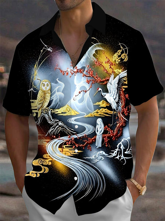 Adaychic Men's Printed Owl And Crane Print Short Sleeve Shirt with Chest Pocket