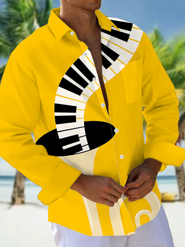 Adaychic Men's Graphic Piano Keyboard Print Long Sleeve Shirt with Chest Pocket