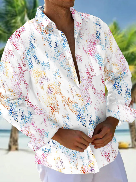 Adaychic Men's Pixelated Geometric Gradient Print Long Sleeve Shirt with Chest Pocket