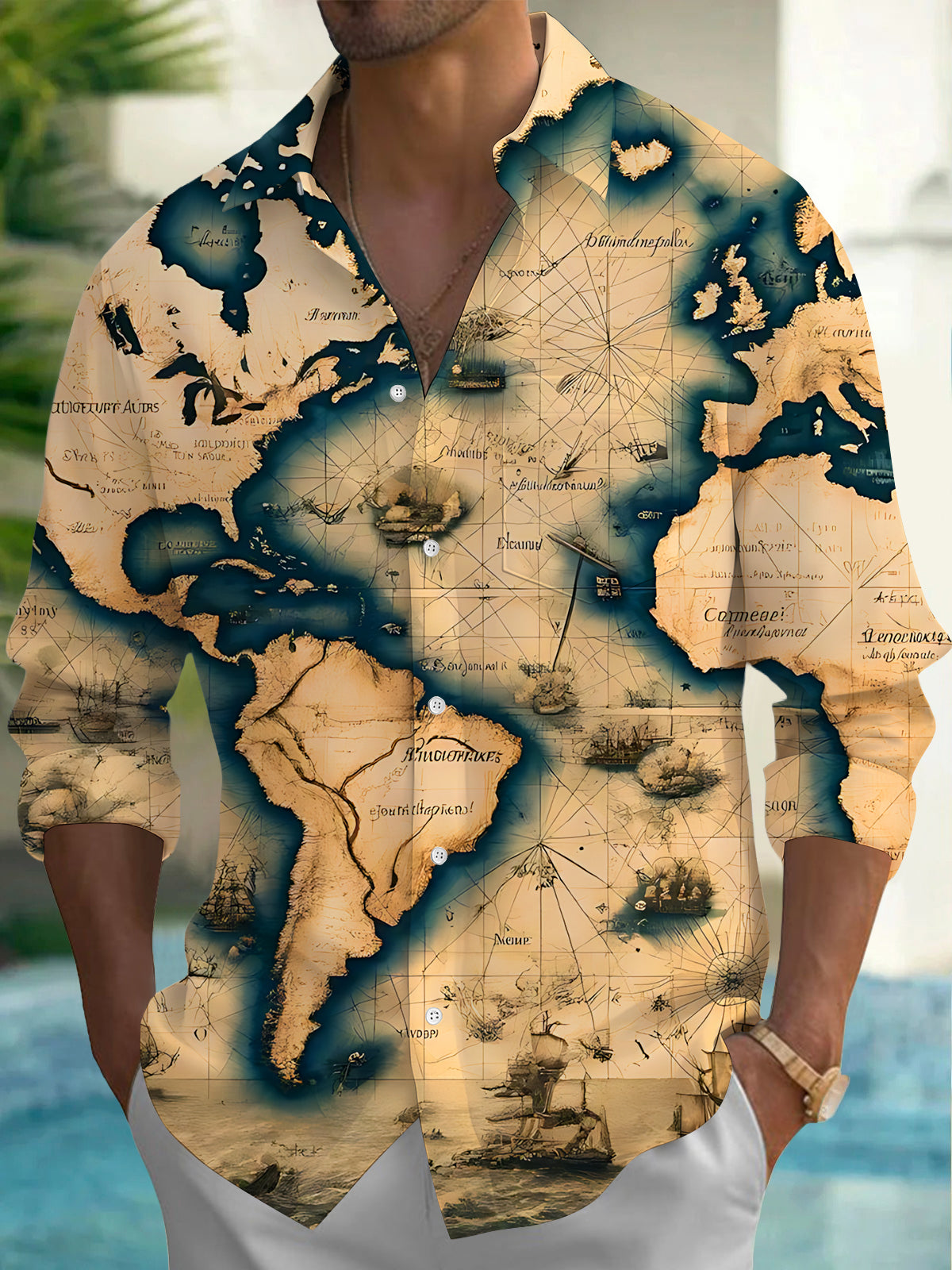 Adaychic Men's Vintage Style Vintage World Map Print Long Sleeve Shirt with Chest Pocket
