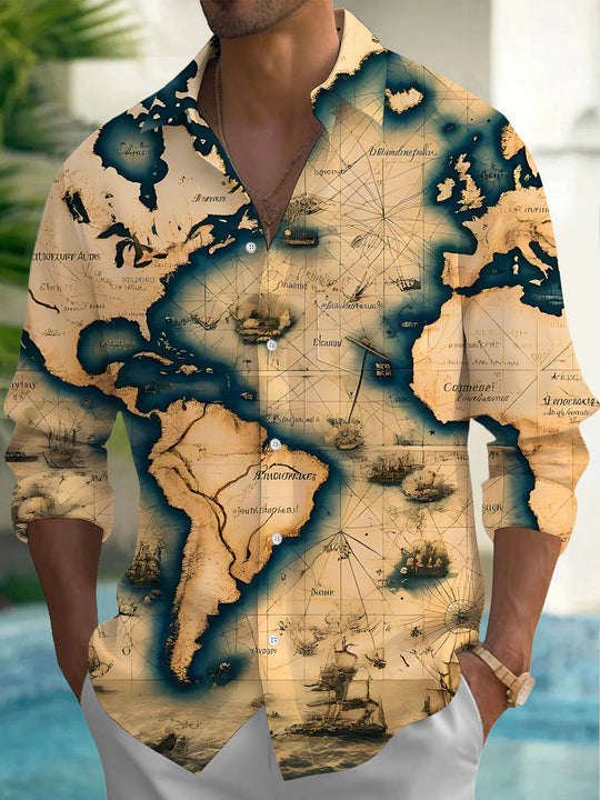 Adaychic Men's Vintage Style Vintage World Map Print Long Sleeve Shirt with Chest Pocket