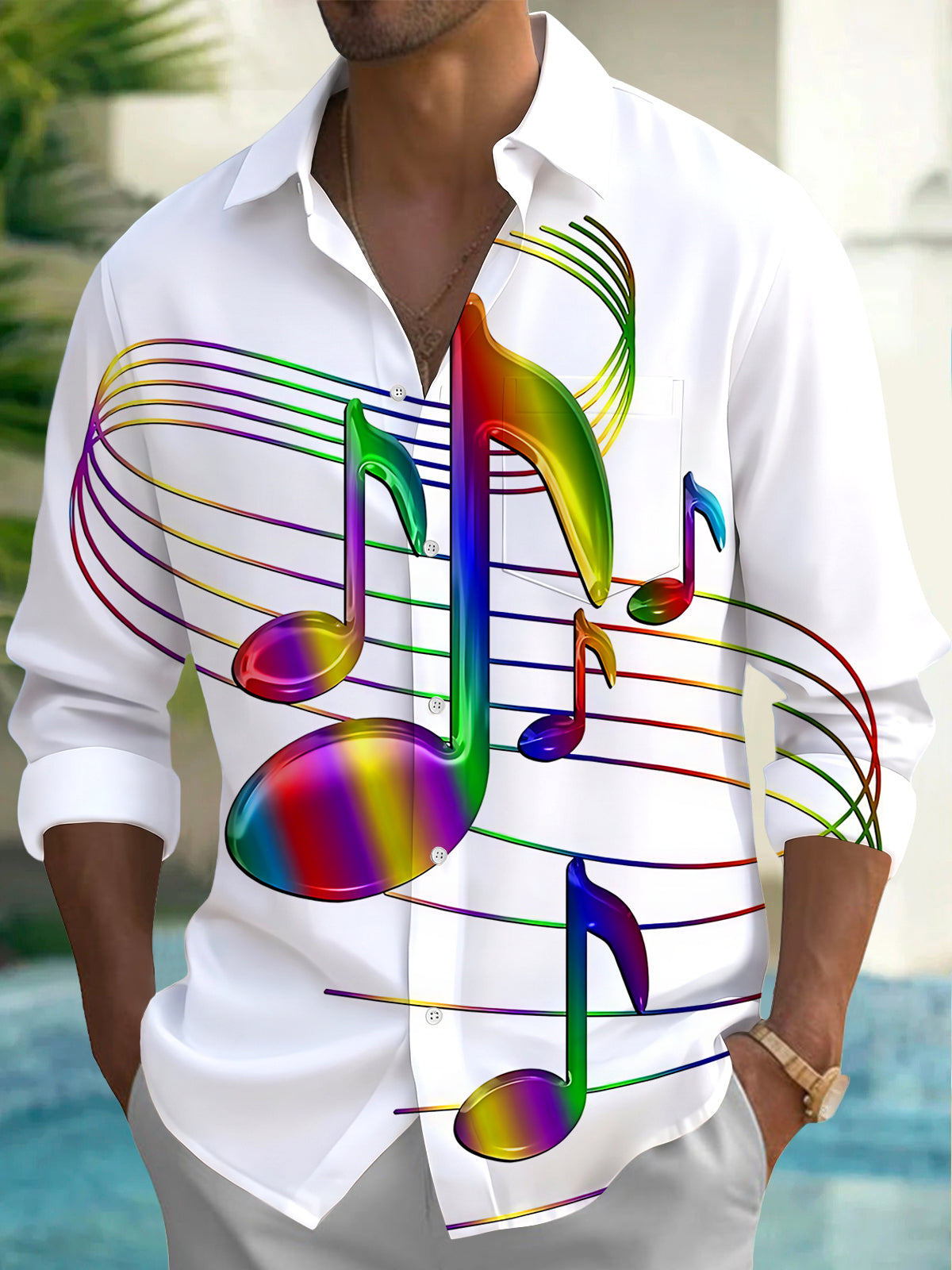 Adaychic Men's Graphic Rainbow Musical Notes Print Long Sleeve Shirt with Chest Pocket