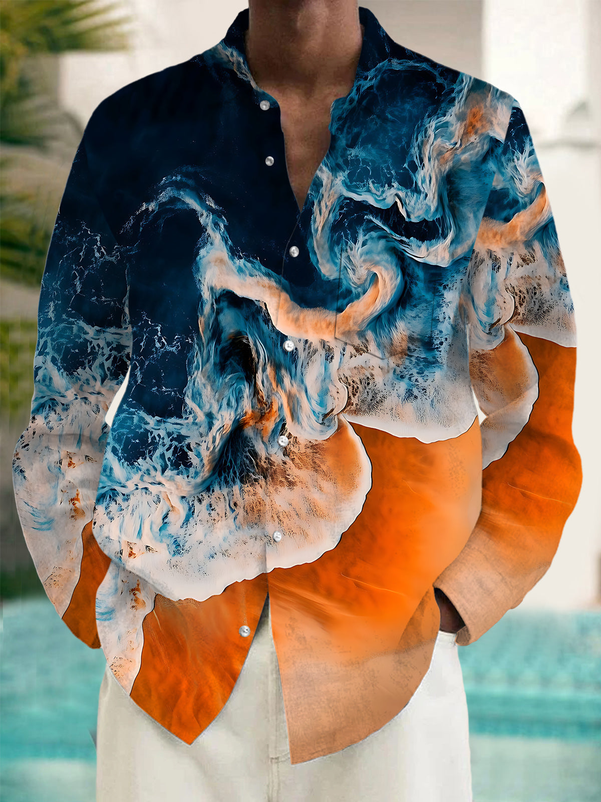 Adaychic Men's Printed Ocean Wave Print Long Sleeve Shirt with Chest Pocket