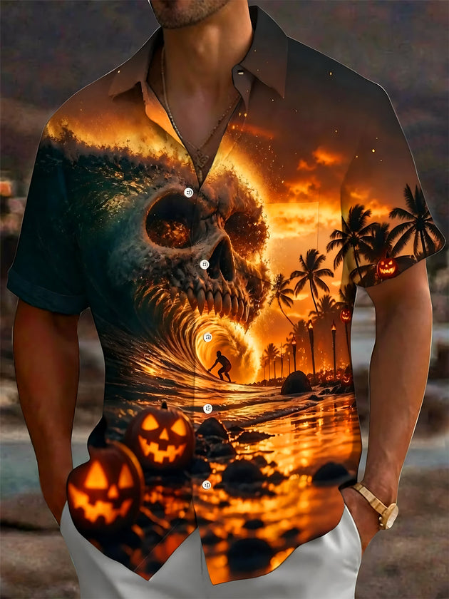 Adaychic Men's Hawaiian Skull Wave Sunset Print Short Sleeve Shirt with Chest Pocket