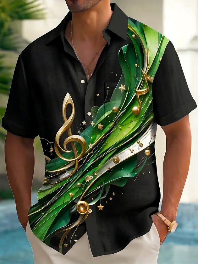 Adaychic Men's Graphic Musical Note Print Short Sleeve Shirt with Chest Pocket