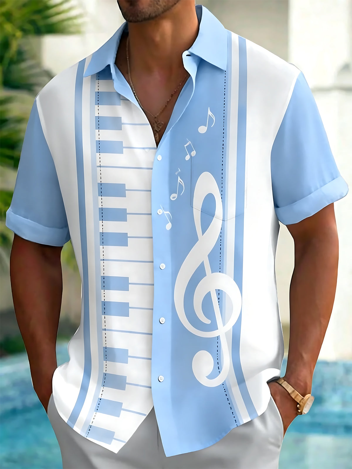 Adaychic Men's Graphic Piano Keyboard Print Short Sleeve Shirt with Chest Pocket