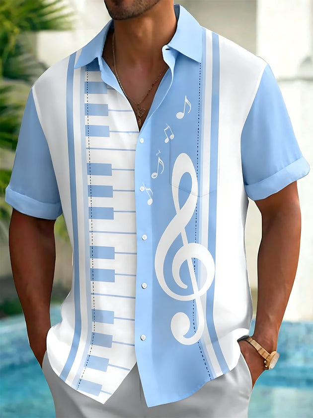 Adaychic Men's Graphic Piano Keyboard Print Short Sleeve Shirt with Chest Pocket