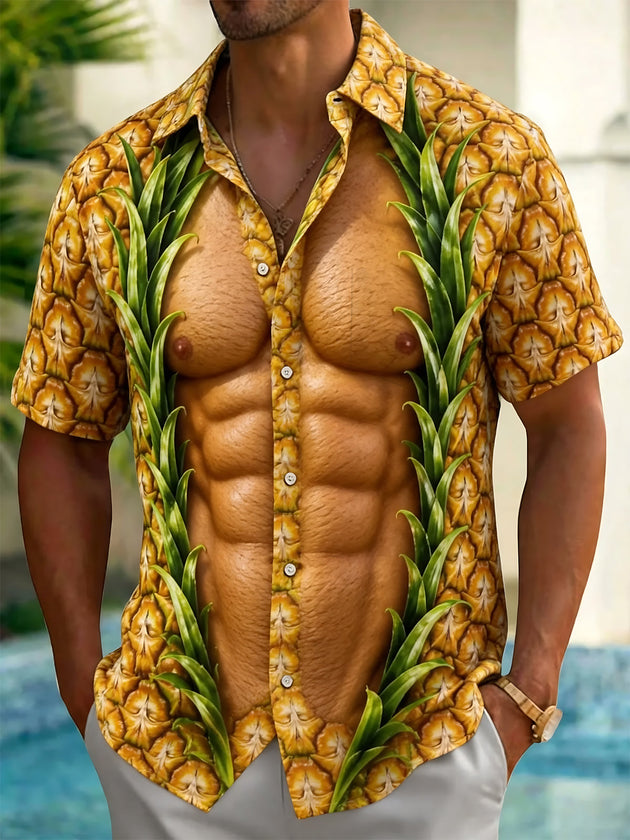 Adaychic Men's Hawaiian Pineapple Print Short Sleeve Shirt with Chest Pocket