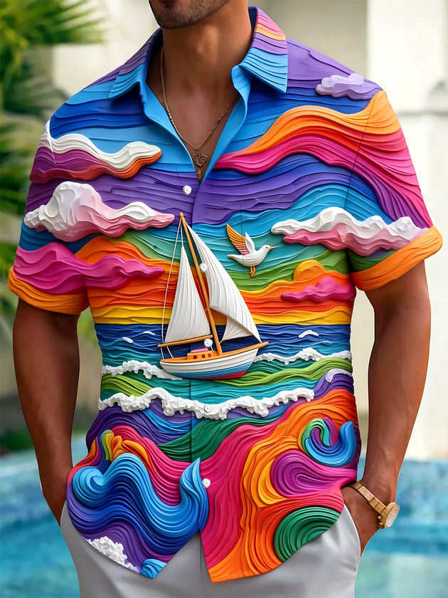 Adaychic Men's Graphic Rainbow Ocean Waves Print Short Sleeve Shirt with Chest Pocket