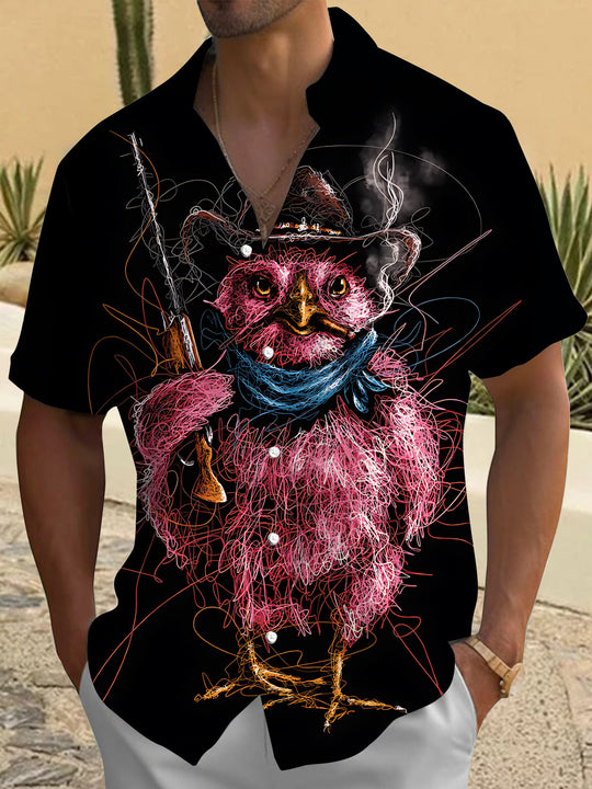 Adaychic Men's Graphic Western Cowboy Owl Print Short Sleeve Shirt with Chest Pocket