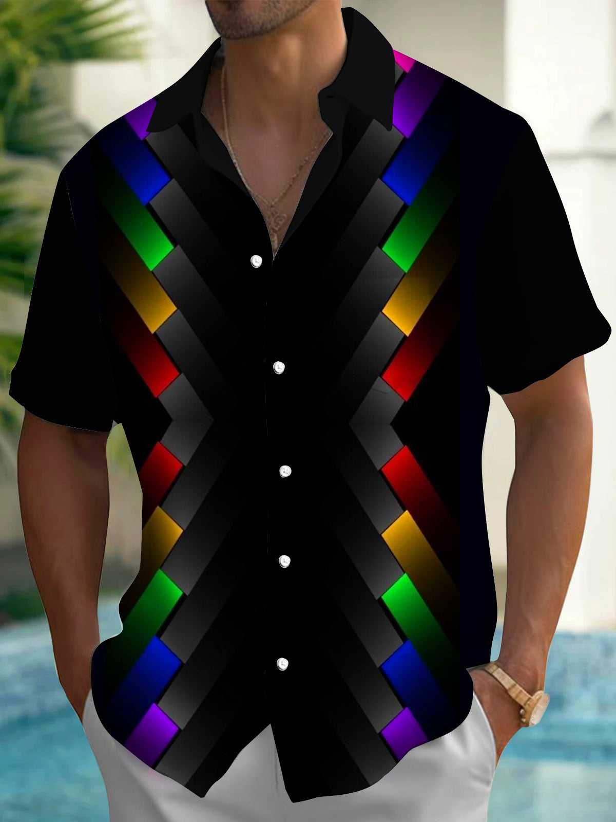 Adaychic Men's Rainbow Geometric Chevron Print Short Sleeve Shirt with Chest Pocket