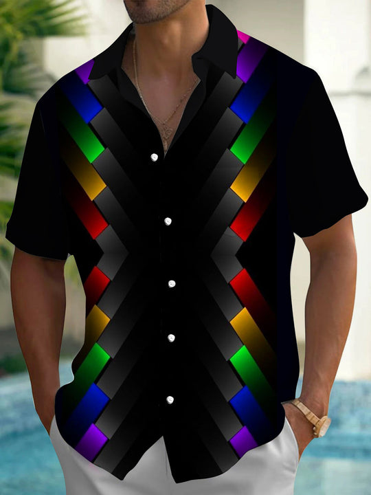 Adaychic Men's Rainbow Geometric Chevron Print Short Sleeve Shirt with Chest Pocket