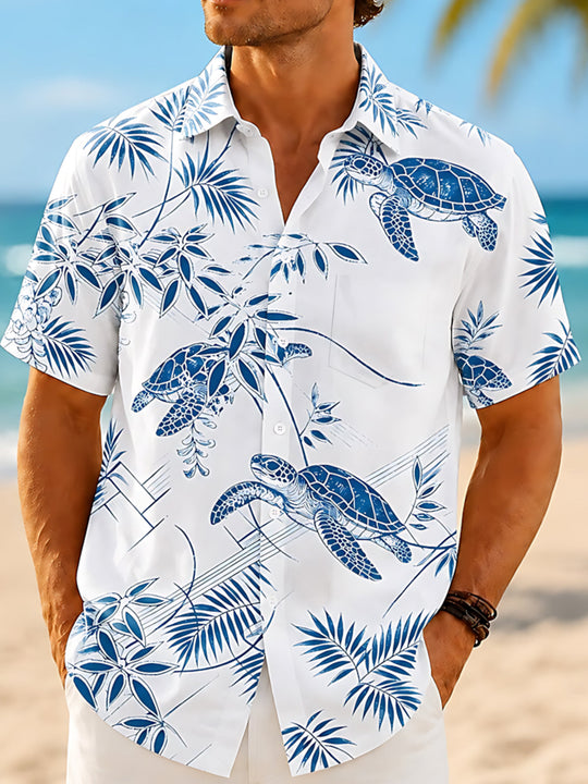 Adaychic Men's Hawaiian Sea Turtle Print Short Sleeve Shirt with Chest Pocket