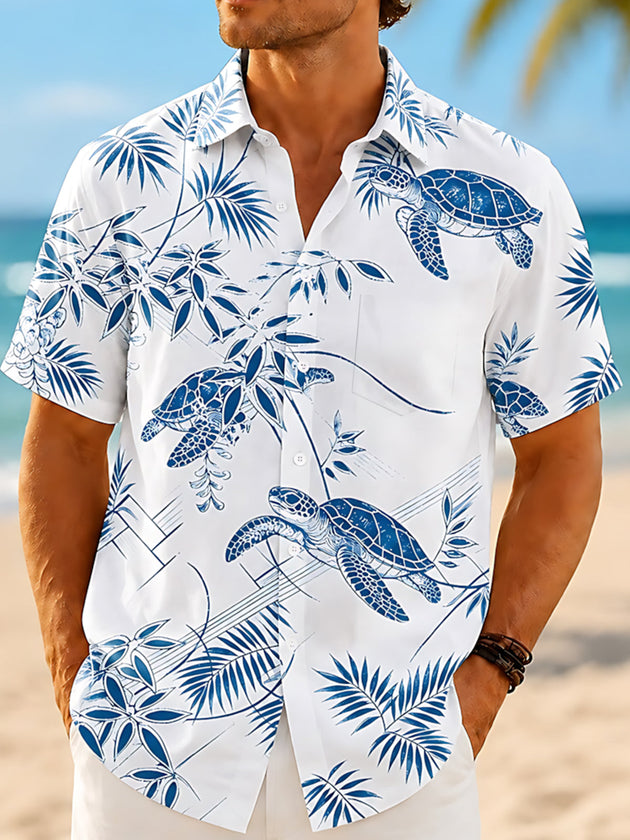 Adaychic Men's Hawaiian Sea Turtle Print Short Sleeve Shirt with Chest Pocket