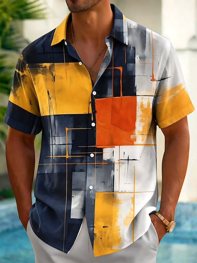Adaychic Men's Abstract Geometric Color Block Print Short Sleeve Shirt with Chest Pocket