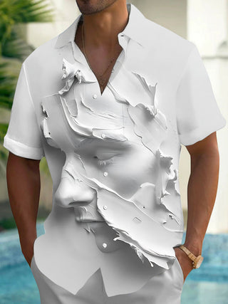 Adaychic Men's 3D 3D Relief Face Art Print Short Sleeve Shirt with Chest Pocket