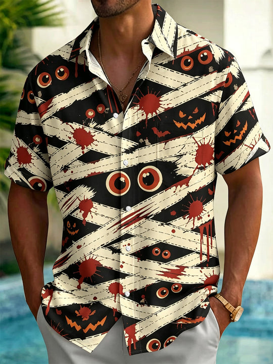 Adaychic Men's Graphic Halloween Bandage Print Short Sleeve Shirt with Chest Pocket