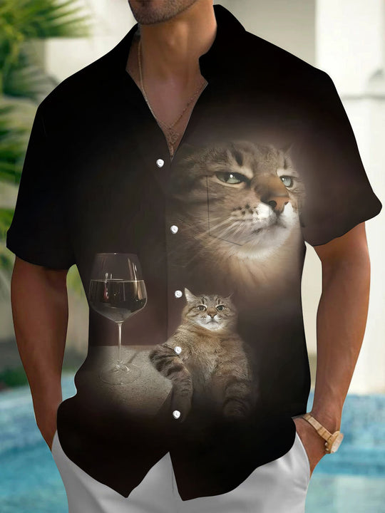 Adaychic Men's Graphic Tabby Cat Portrait Print Short Sleeve Shirt with Chest Pocket