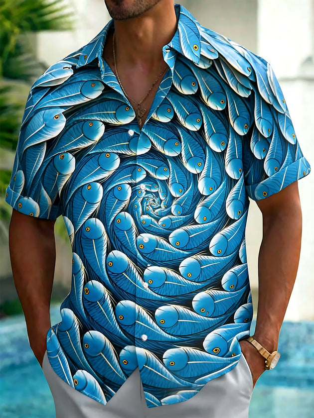 Adaychic Men's Hawaiian Spiral Fish Pattern Short Sleeve Shirt with Chest Pocket