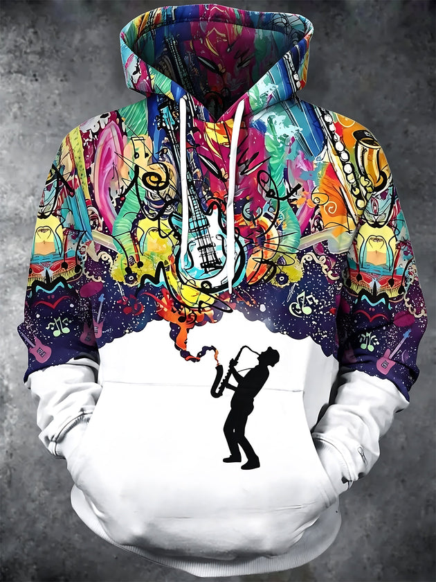 Adaychic Men's Graphic Musical Instruments Print Long Sleeve Hoodie with Chest Pocket