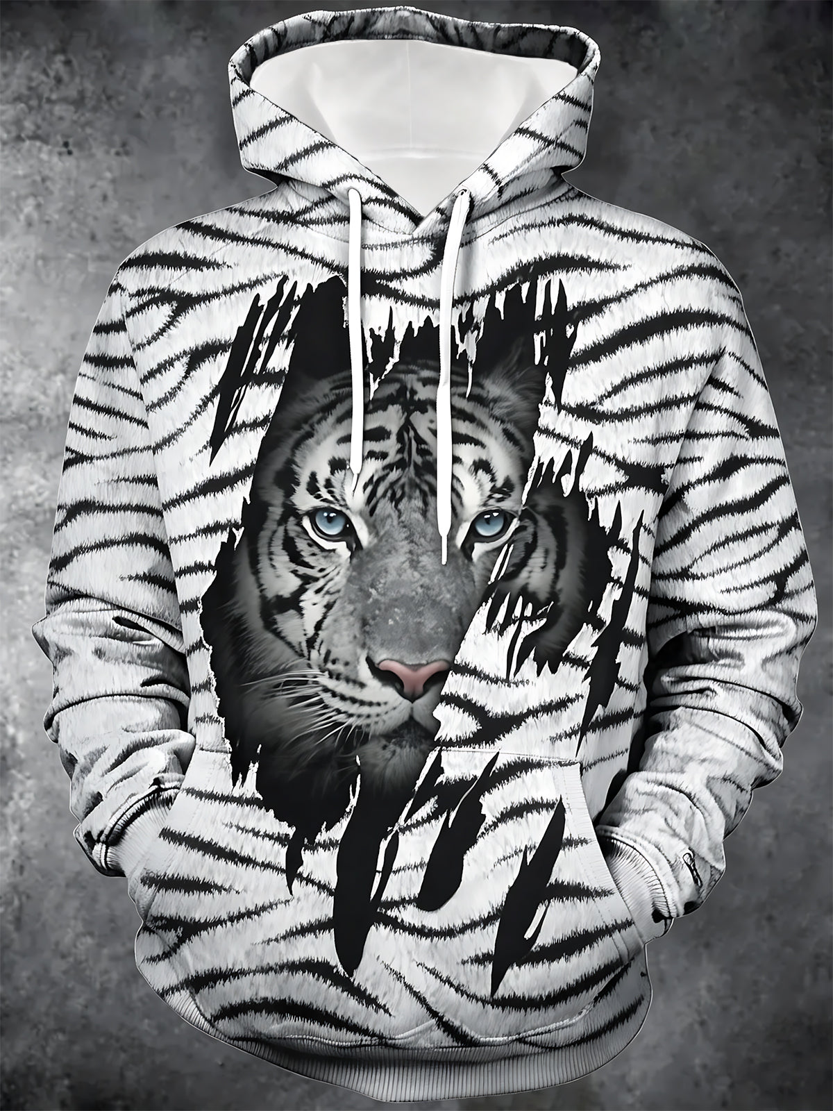 White Tiger Print Men's Long Sleeve Pocket Hooded Sweatshirt
