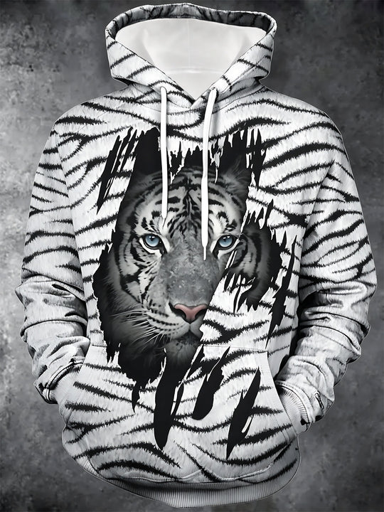 White Tiger Print Men's Long Sleeve Pocket Hooded Sweatshirt