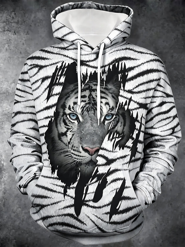 White Tiger Print Men's Long Sleeve Pocket Hooded Sweatshirt