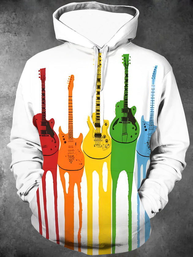 Adaychic Men's Graphic Colorful Guitar Print Long Sleeve Hoodie with Chest Pocket