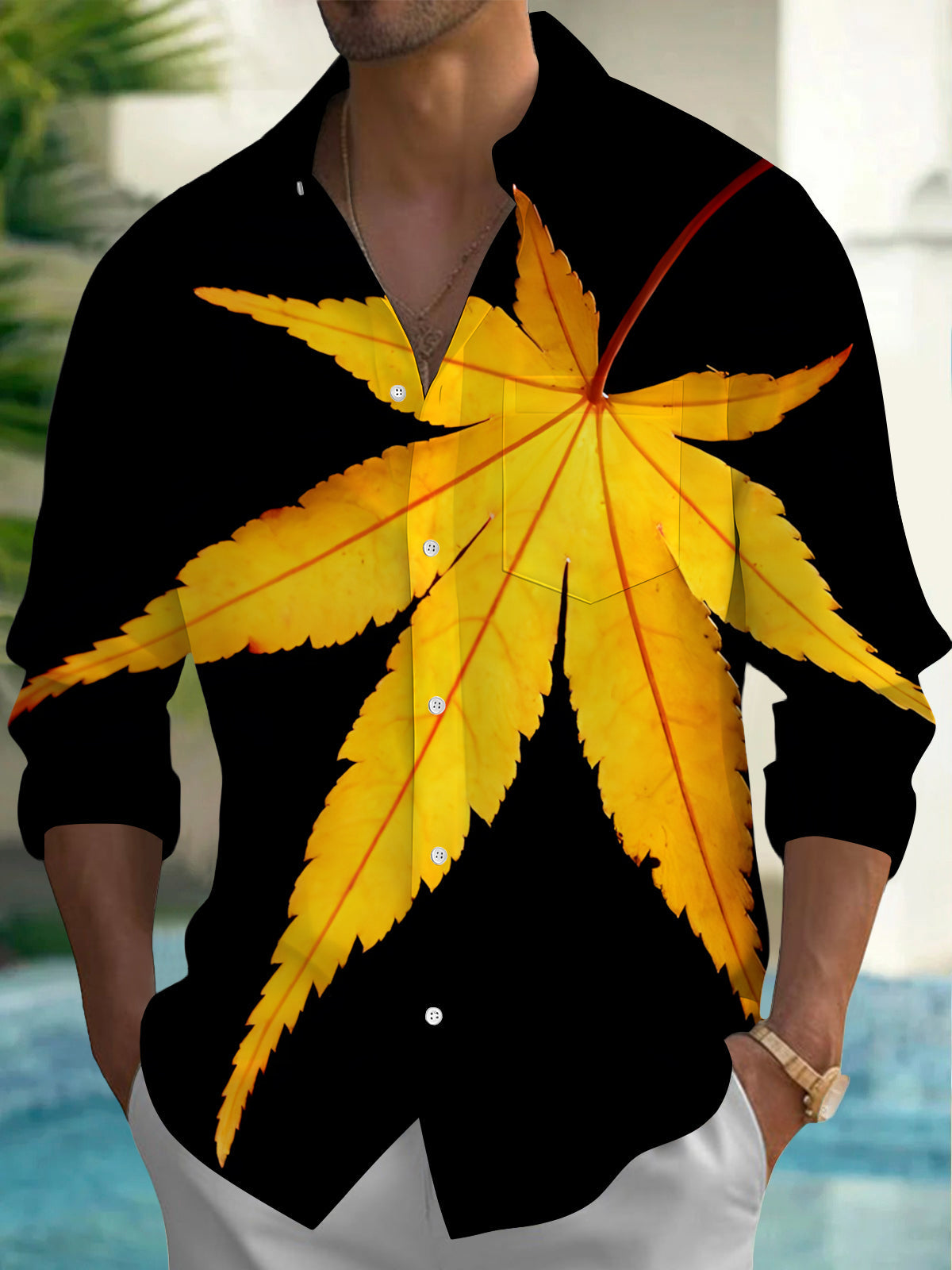 Adaychic Men's Hawaiian Yellow Maple Leaf Print Long Sleeve Shirt with Chest Pocket