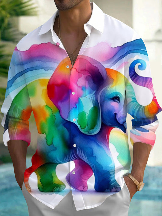 Adaychic Men's Hawaiian Rainbow Elephant Print Long Sleeve Shirt with Chest Pocket